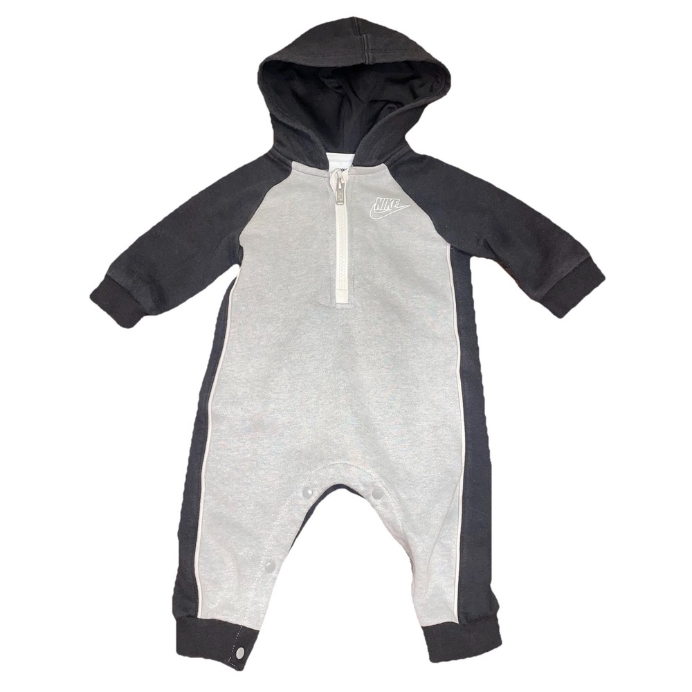 Nike Baby Hooded Fleece Romper Jumpsuit 9 Months Grey Black Logo 6M